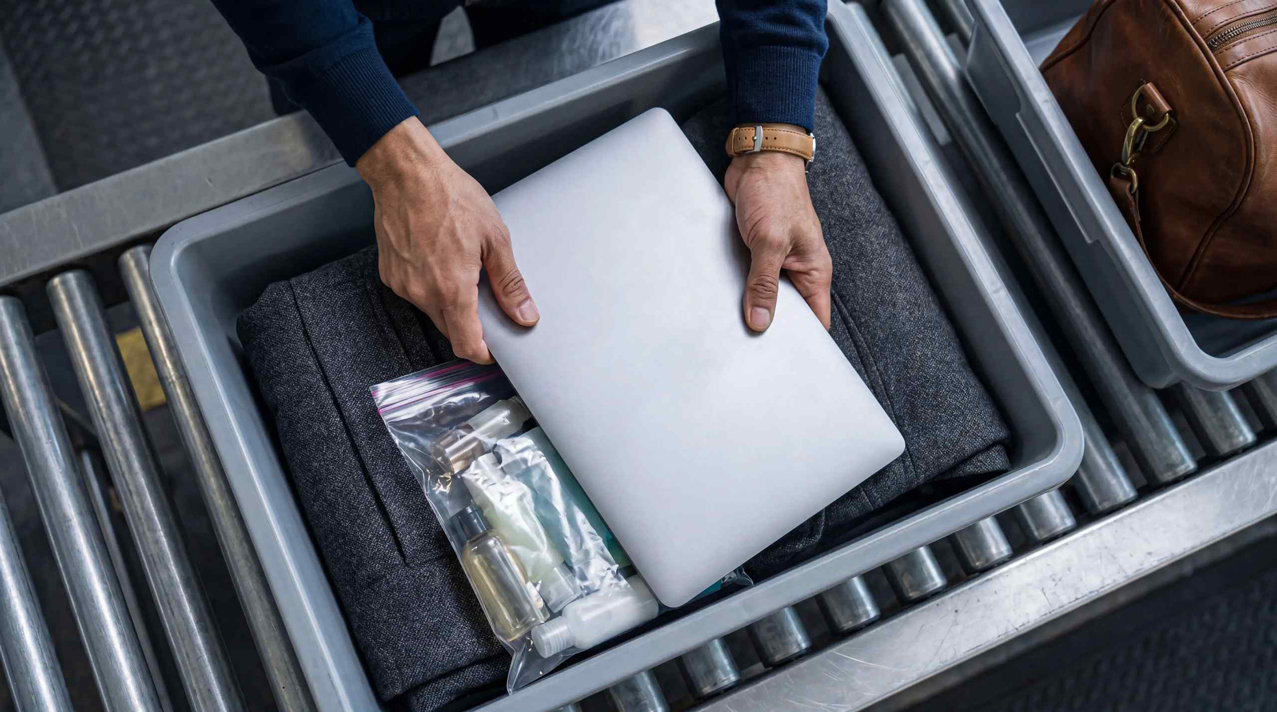 A traveler going through security at the airport.
